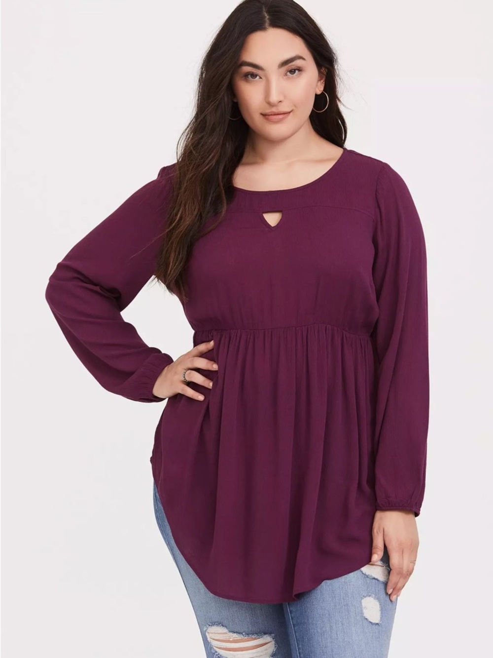 TORRIX Babydoll Gauze Keyhole Front Tunic Top Highland Thistle Purple Blouse 1X